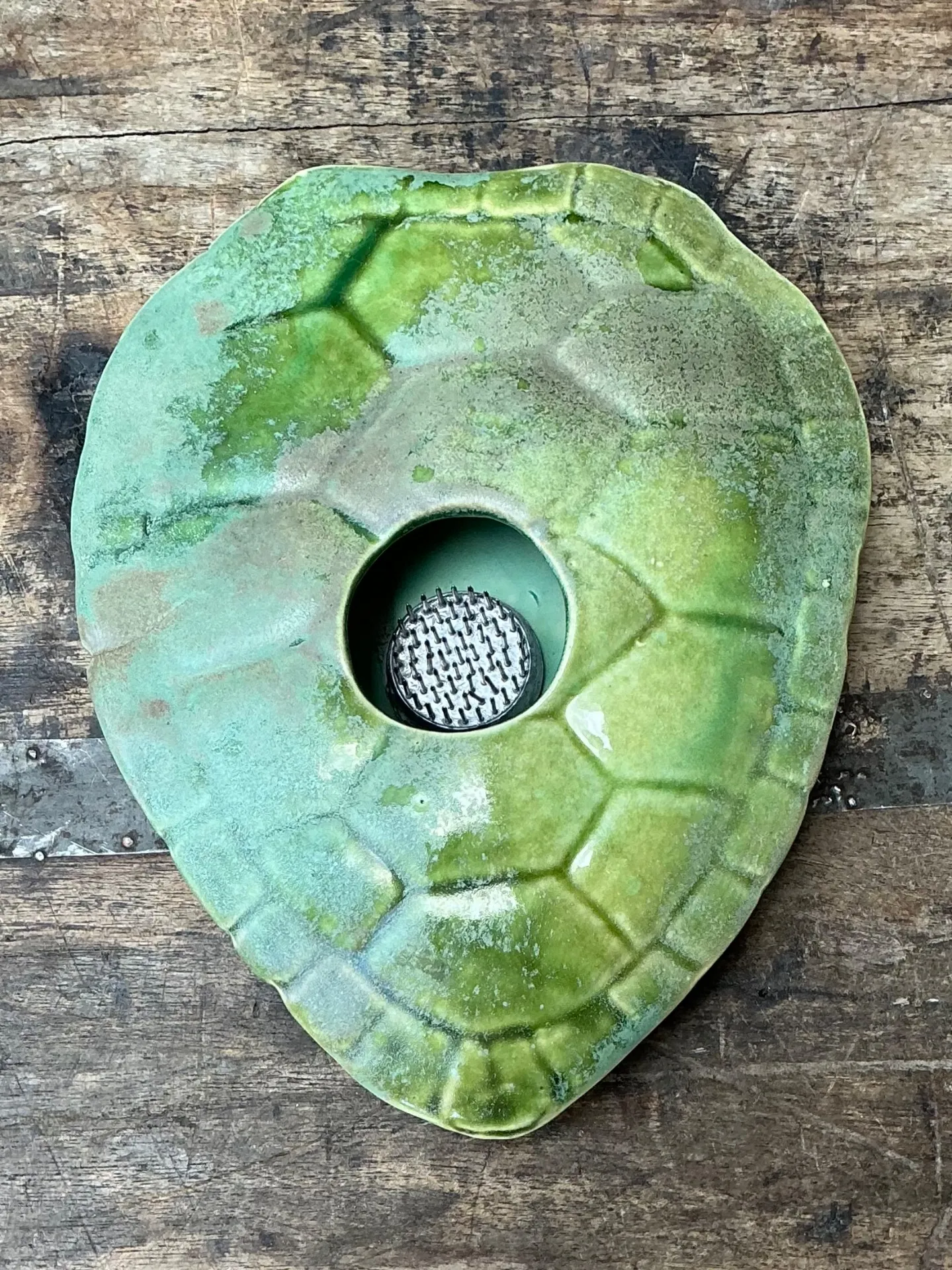 Vintage Green Ceramic Turtle Flower Frog — additional photo 4