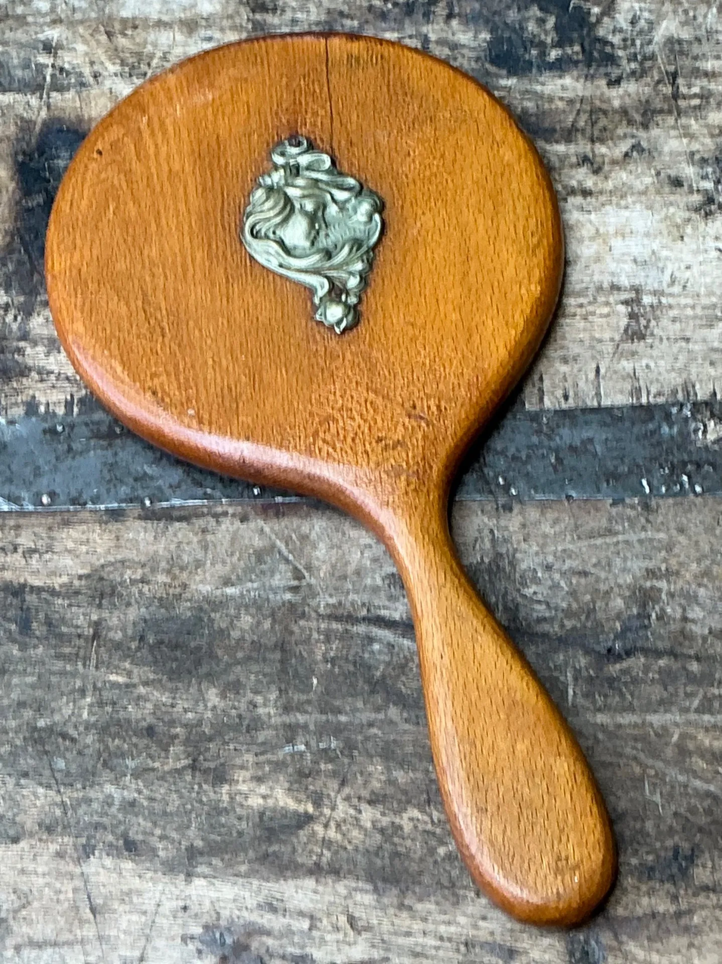 Vintage Art Nouveau Carved Wood Handheld Mirror — additional photo 2