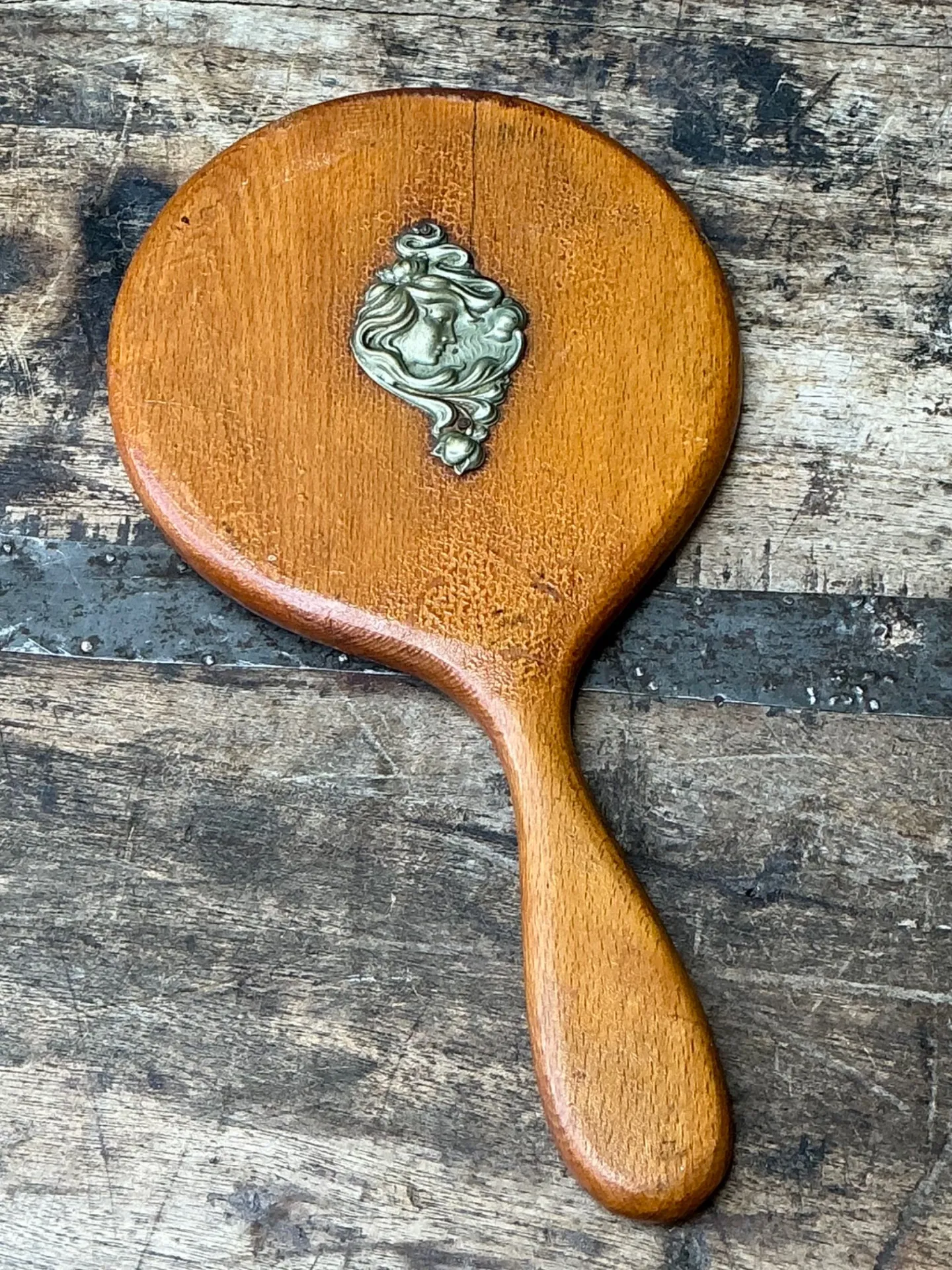 Vintage Art Nouveau Carved Wood Handheld Mirror — additional photo 8