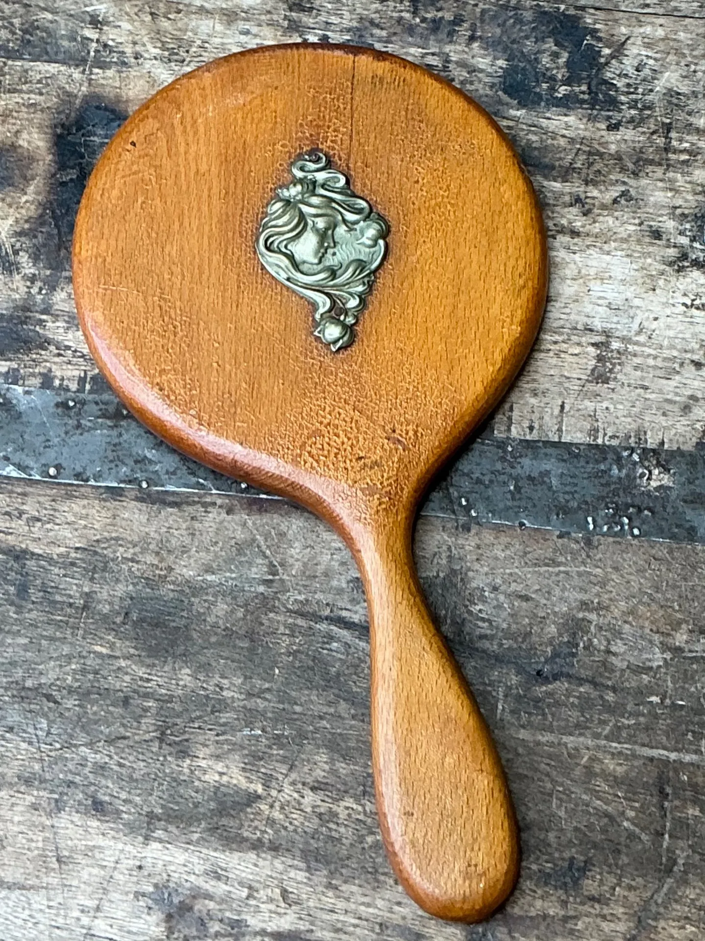 Vintage Art Nouveau Carved Wood Handheld Mirror — additional photo 5