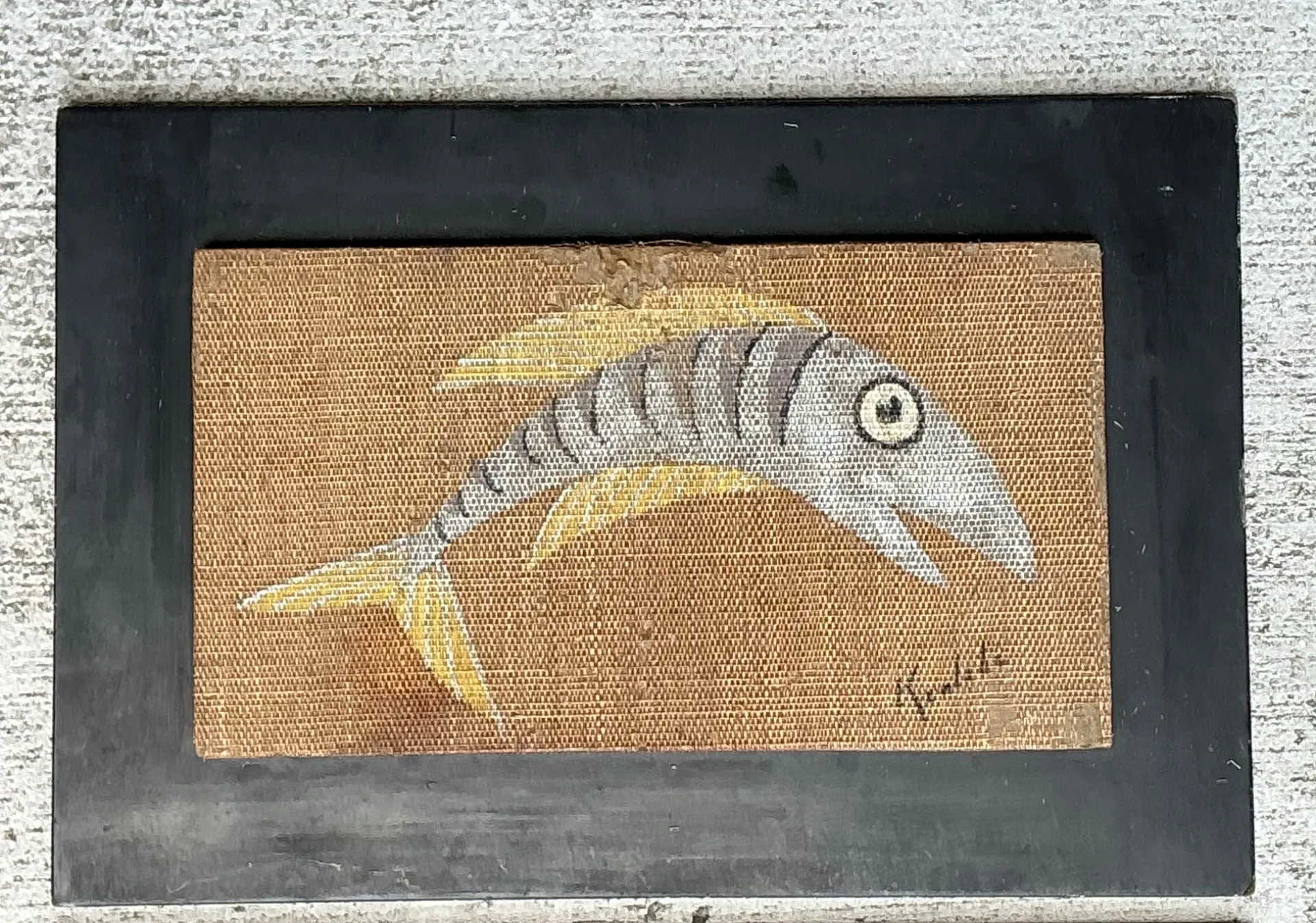Vintage MCM Fish Motif Paintings on Burlap - Pair — additional photo 1
