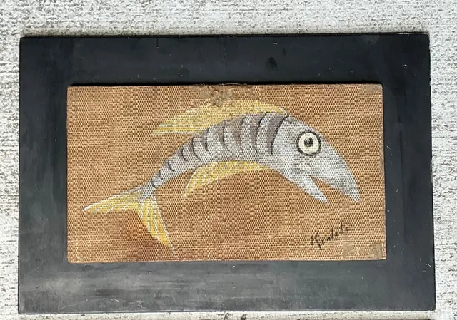 Vintage MCM Fish Motif Paintings on Burlap - Pair — additional photo 1