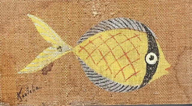 Vintage MCM Fish Motif Paintings on Burlap - Pair — additional photo 2