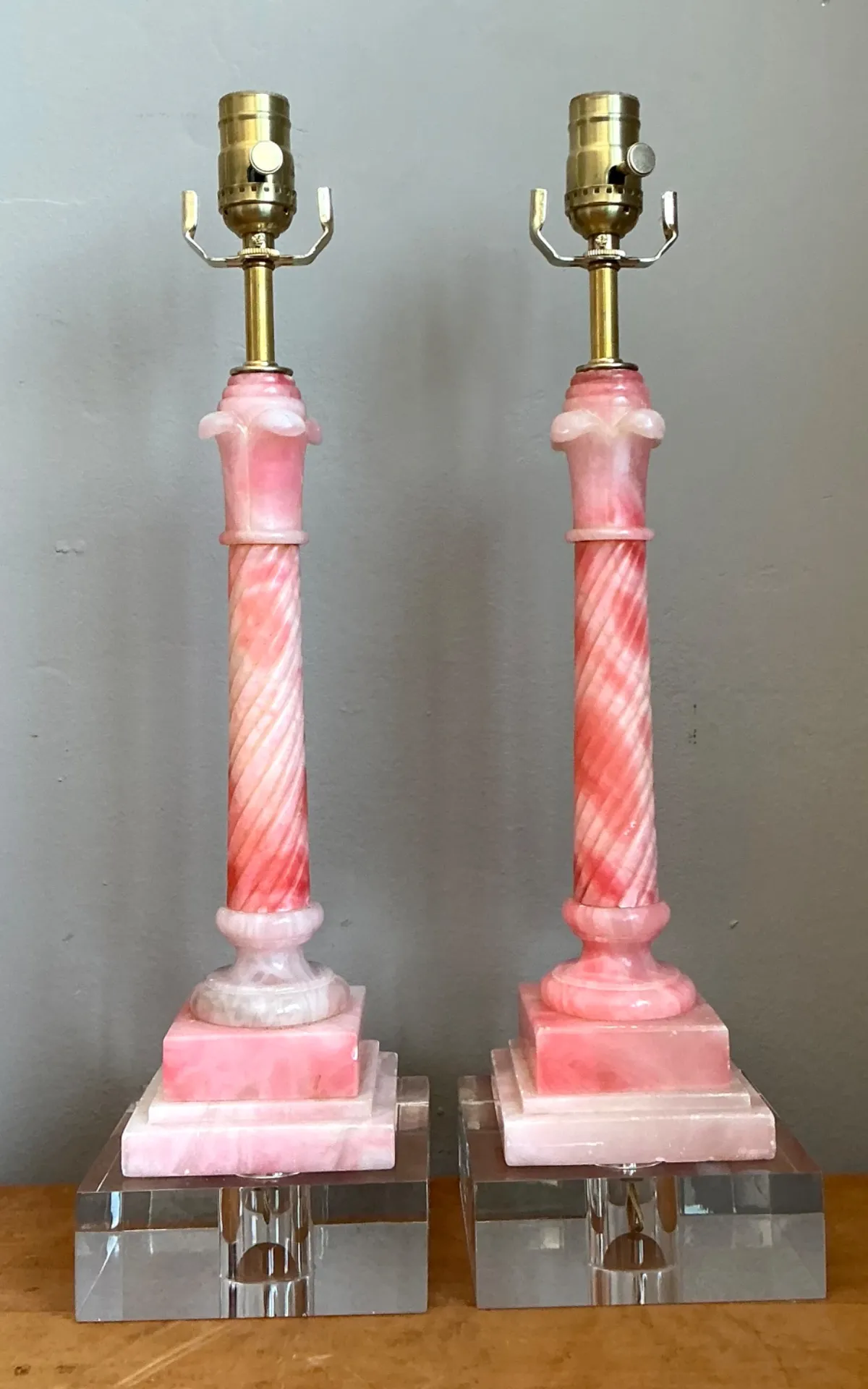 Vintage Pink Marble Column Lamps - A Pair — additional photo 2
