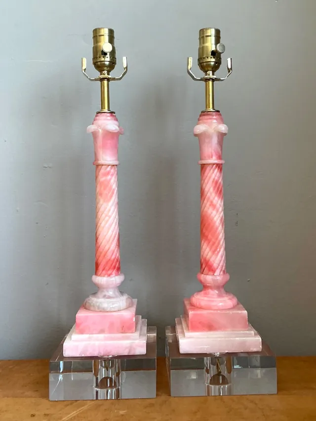 Vintage Pink Marble Column Lamps - A Pair — additional photo 2