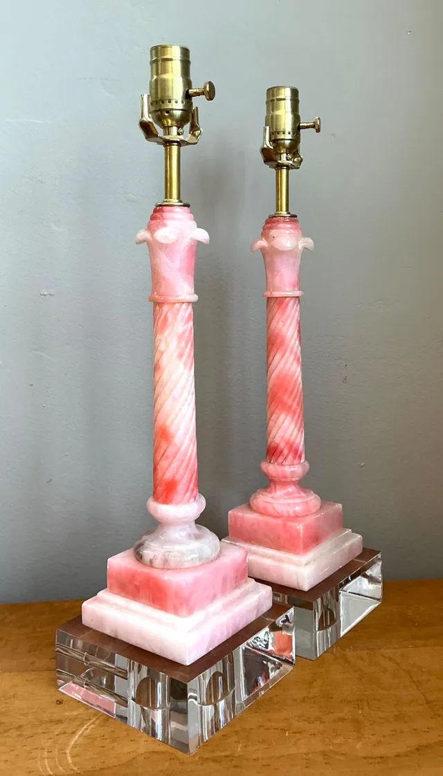 Vintage Pink Marble Column Lamps - A Pair — additional photo 1