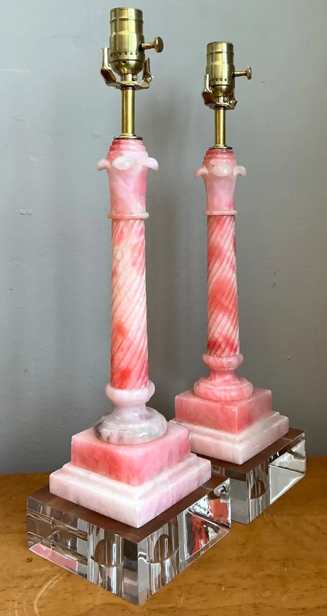 Vintage Pink Marble Column Lamps - A Pair — additional photo 3