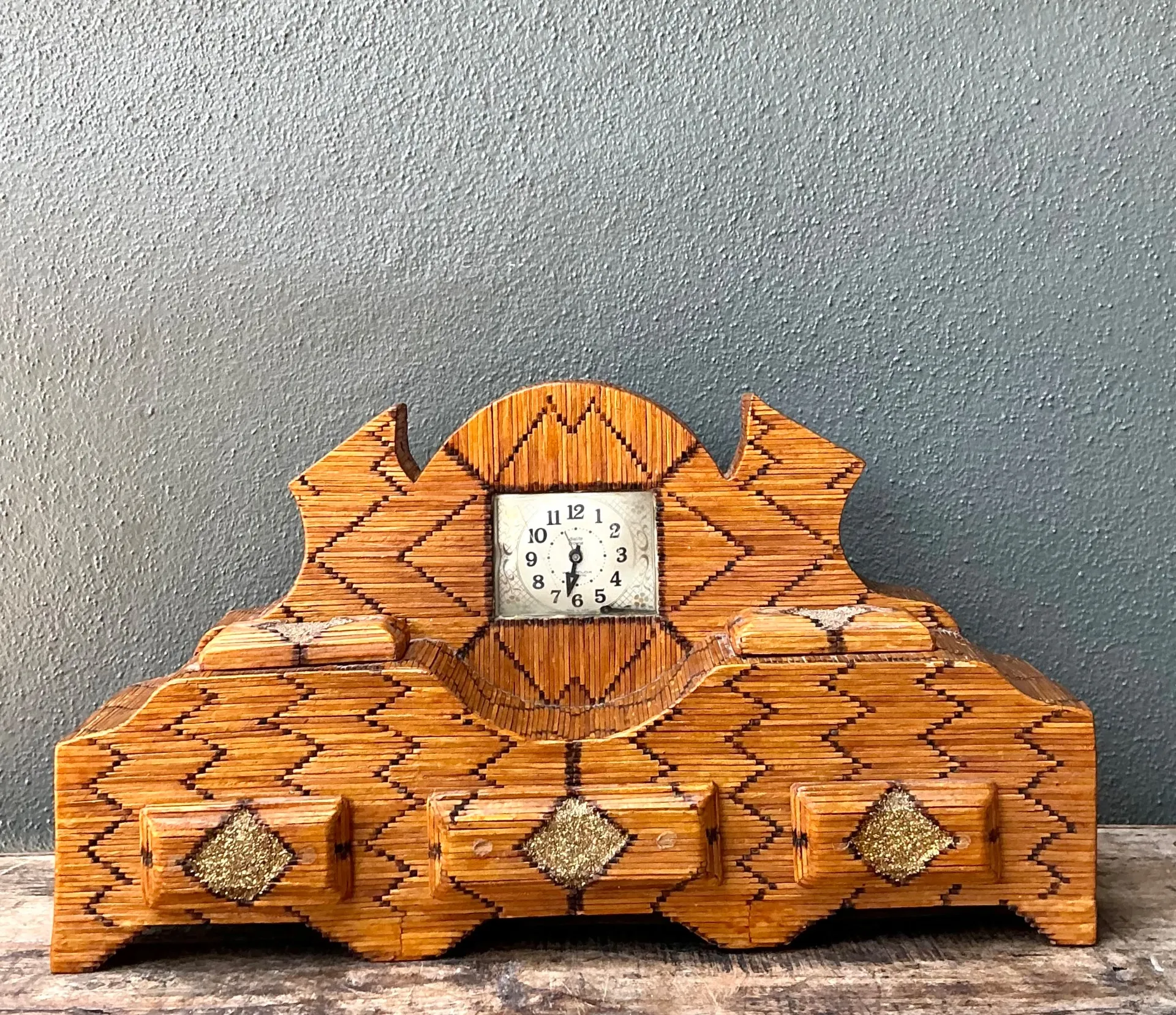 Vintage Handcrafted Matchstick Mantle Clock — additional photo 1