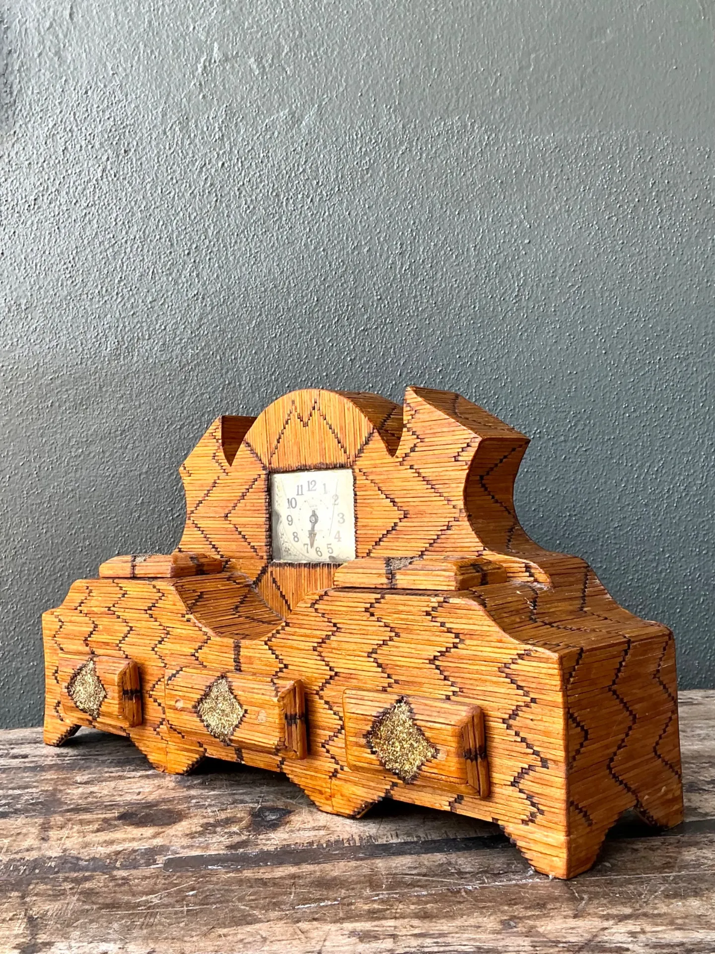Vintage Handcrafted Matchstick Mantle Clock — additional photo 6