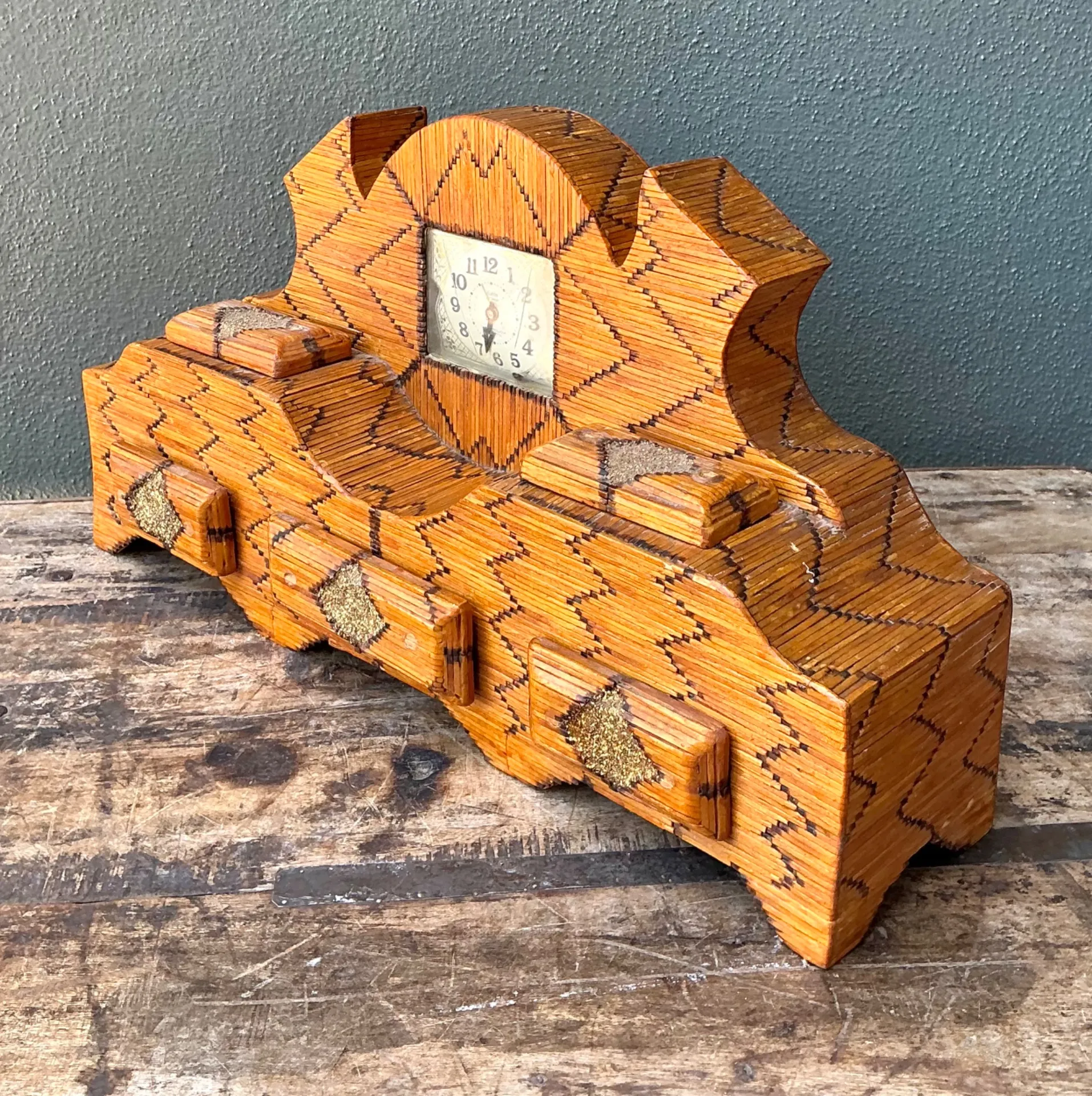Vintage Handcrafted Matchstick Mantle Clock — additional photo 8