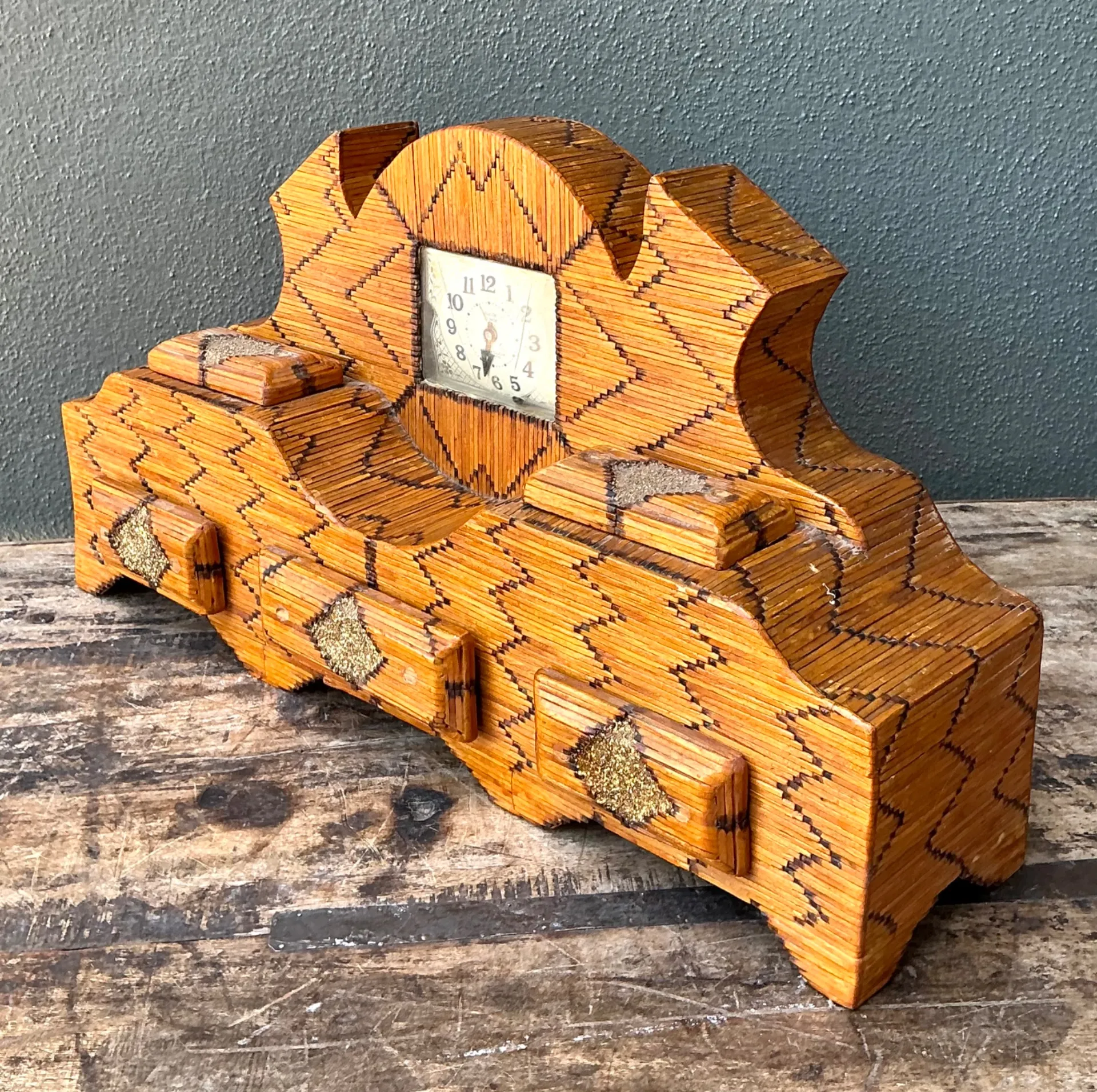 Vintage Handcrafted Matchstick Mantle Clock — additional photo 3