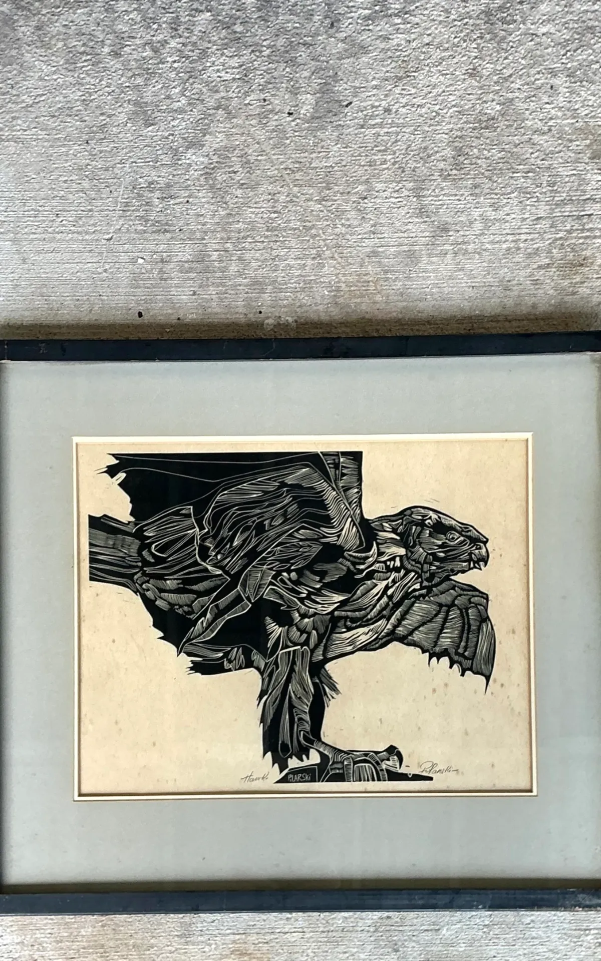 Vintage Framed Hawk Woodcut Art — additional photo 2
