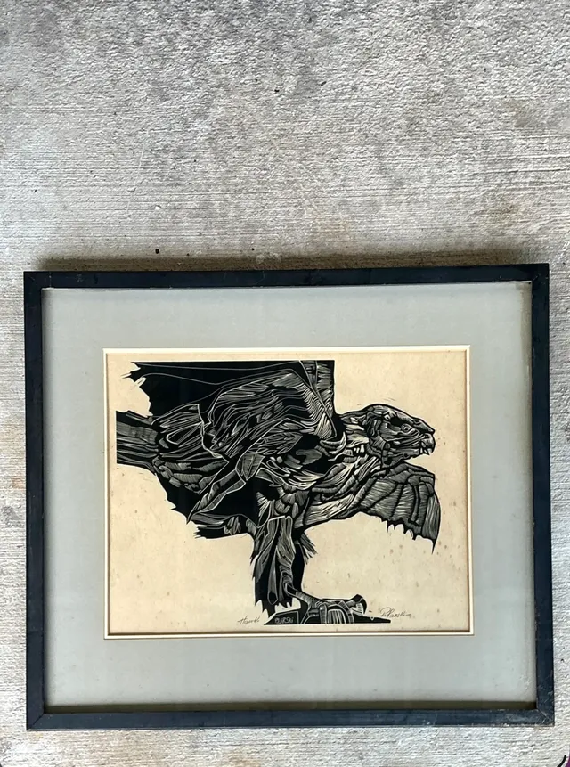 Vintage Framed Hawk Woodcut Art — additional photo 2