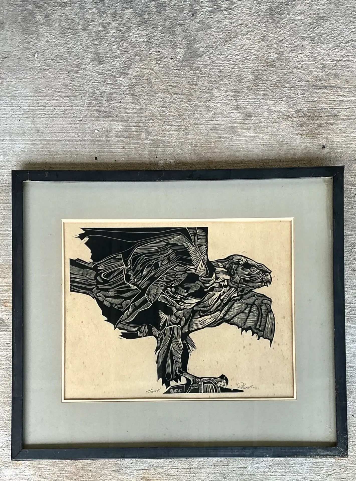 Vintage Framed Hawk Woodcut Art — additional photo 4