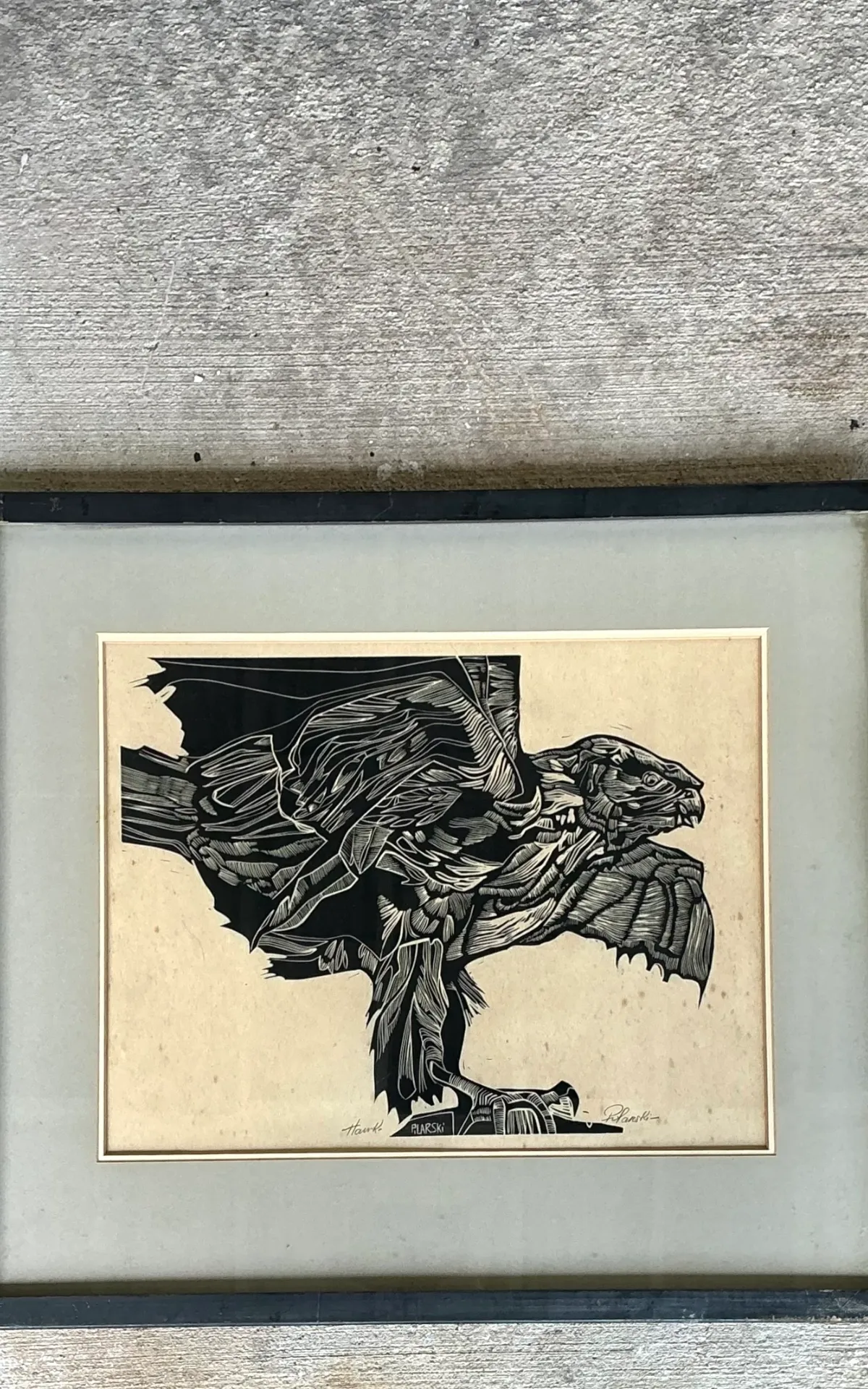 Vintage Framed Hawk Woodcut Art — additional photo 4