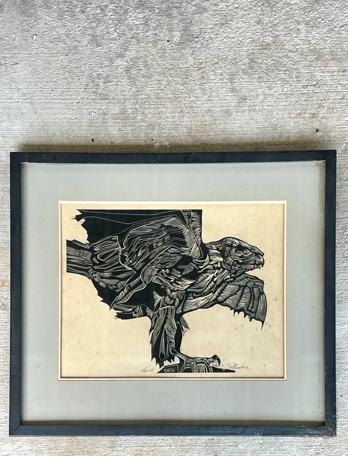 Vintage Framed Hawk Woodcut Art — additional photo 6