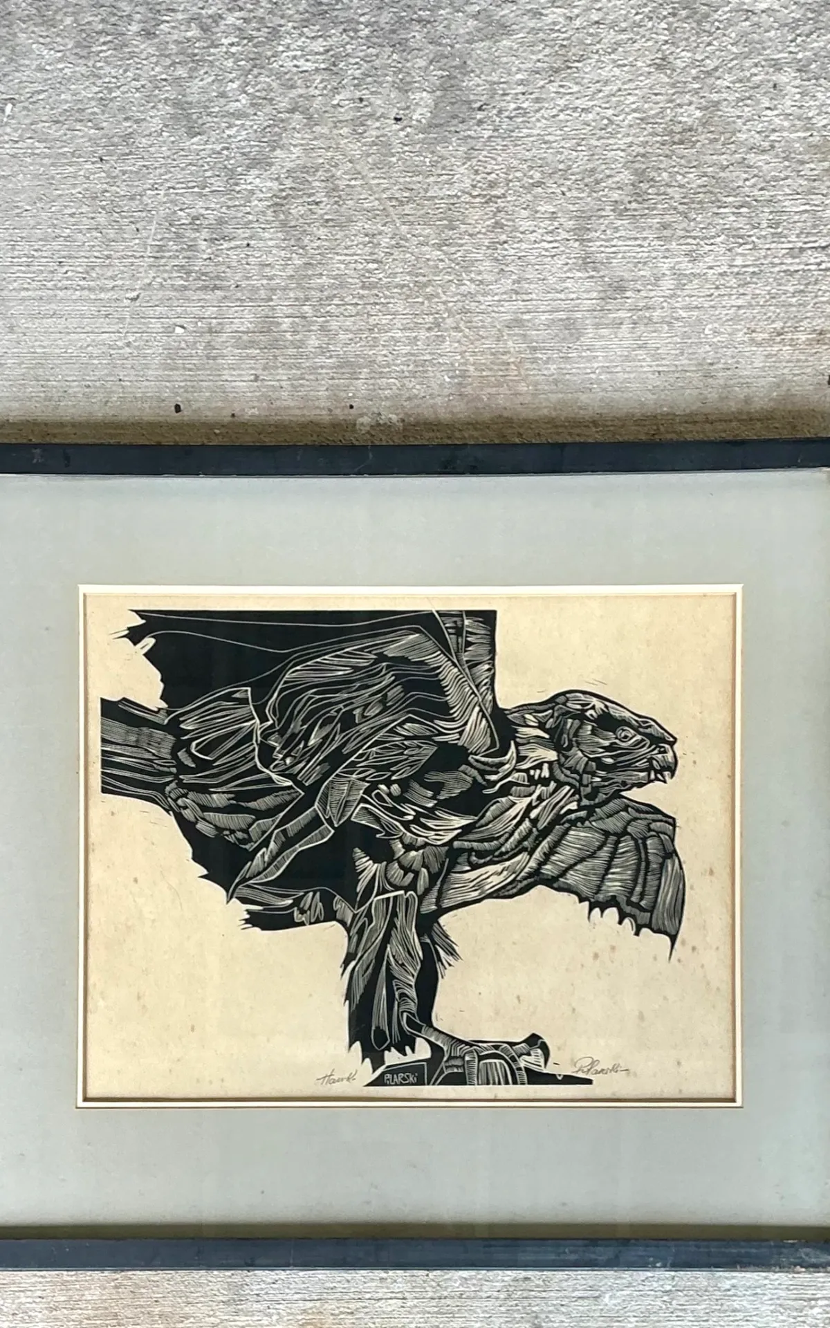 Vintage Framed Hawk Woodcut Art — additional photo 6