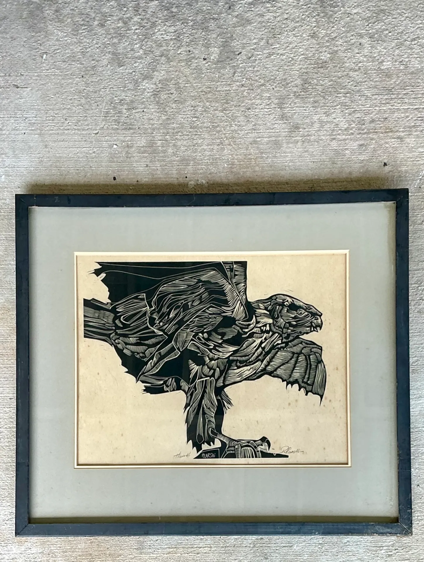 Vintage Framed Hawk Woodcut Art — additional photo 1