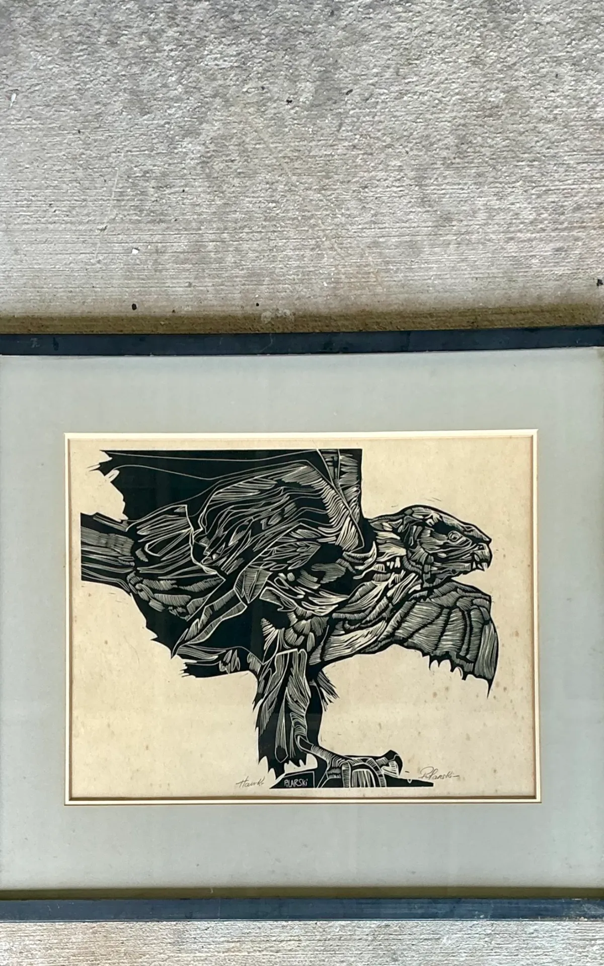 Vintage Framed Hawk Woodcut Art