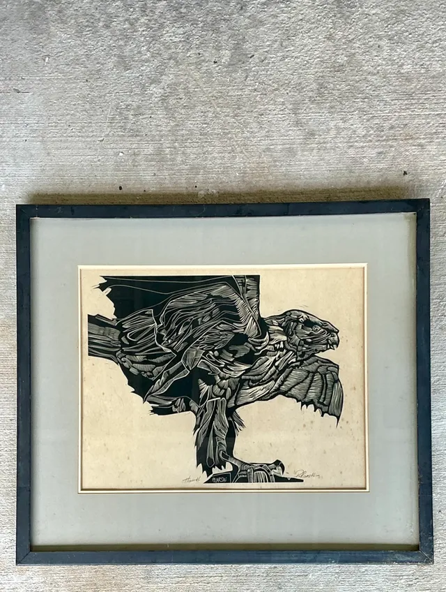 Vintage Framed Hawk Woodcut Art — additional photo 1
