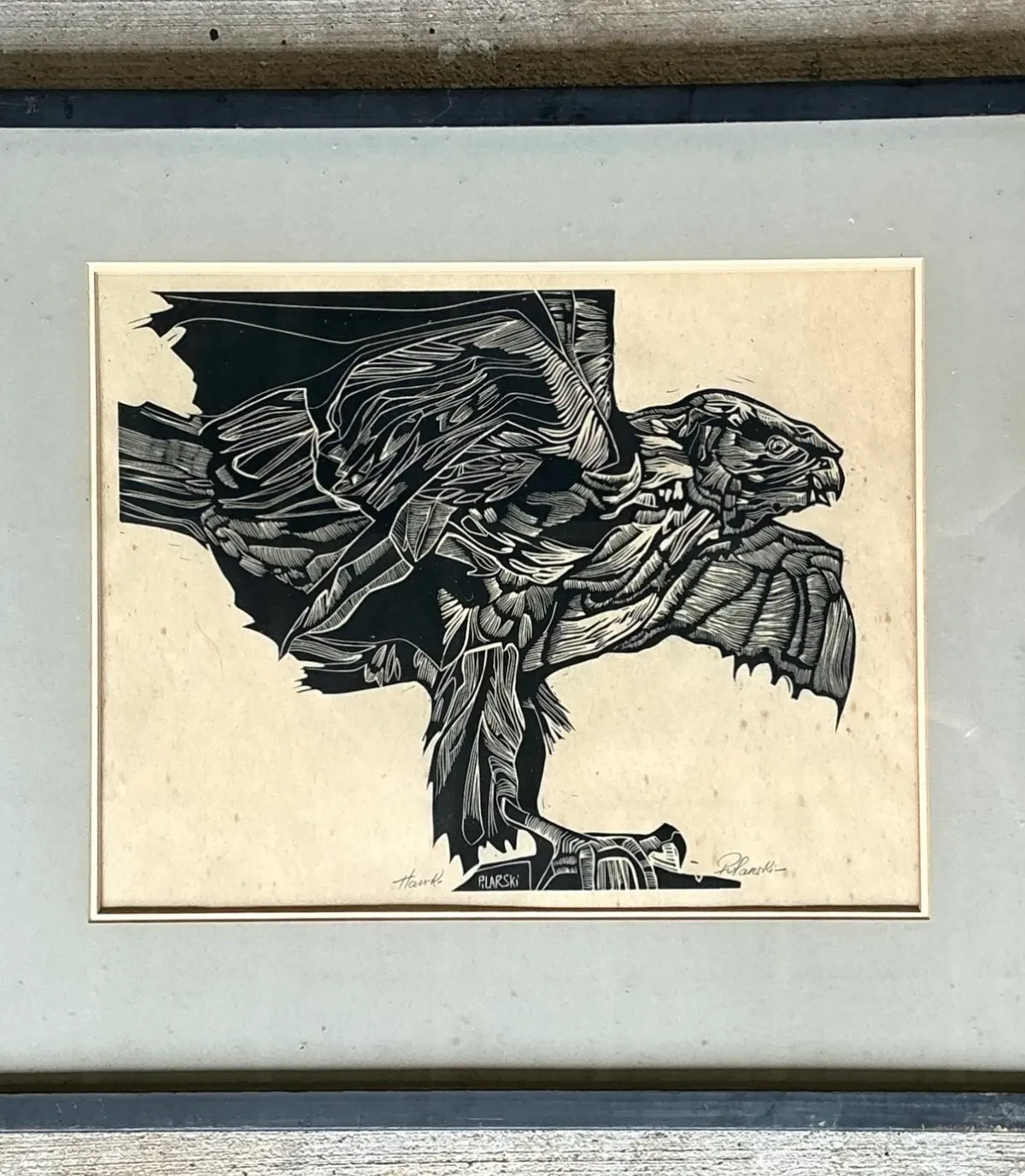 Vintage Framed Hawk Woodcut Art — additional photo 5