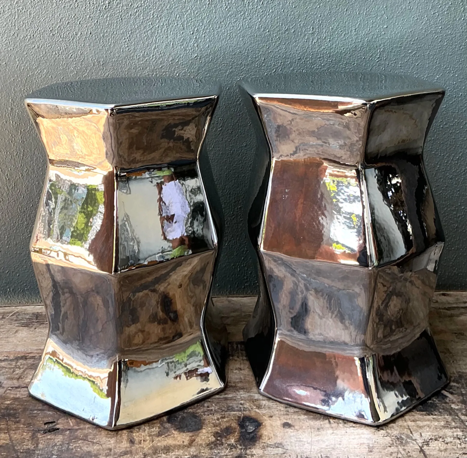 Vintage Faceted Metallic Glaze Low Stools - A Pair — additional photo 4