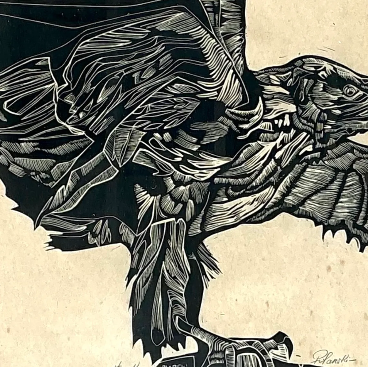 Vintage Framed Hawk Woodcut Art — additional photo 3