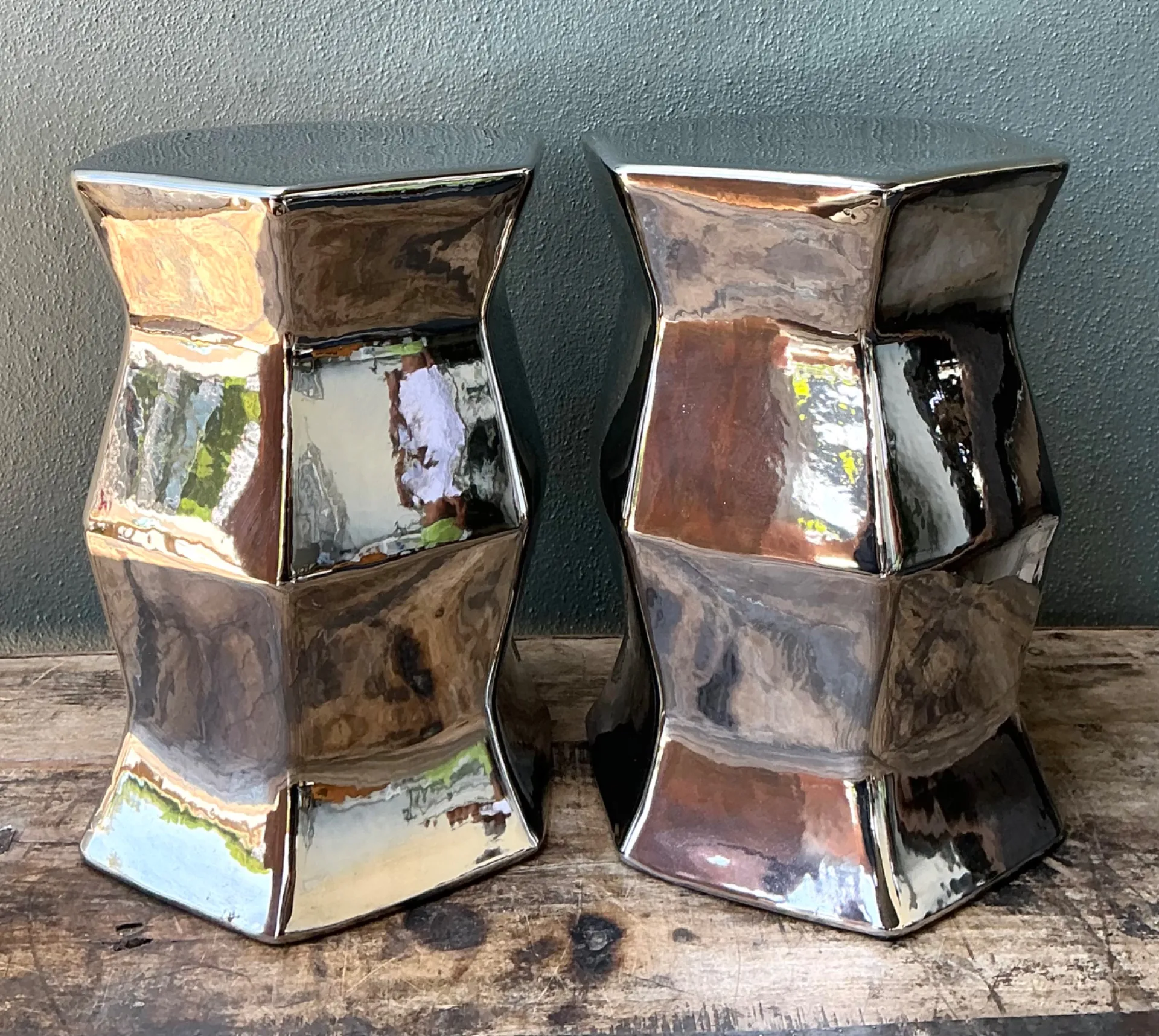 Vintage Faceted Metallic Glaze Low Stools - A Pair — additional photo 2