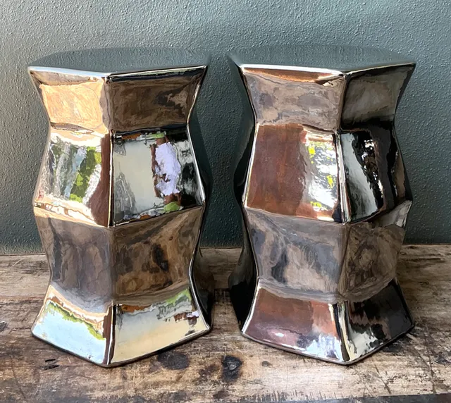 Vintage Faceted Metallic Glaze Low Stools - A Pair — additional photo 2