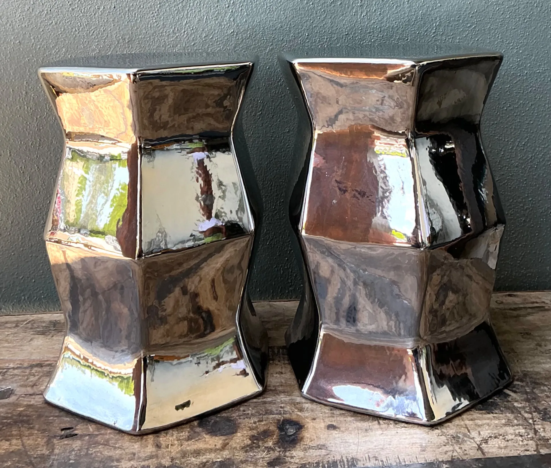 Vintage Faceted Metallic Glaze Low Stools - A Pair — additional photo 5
