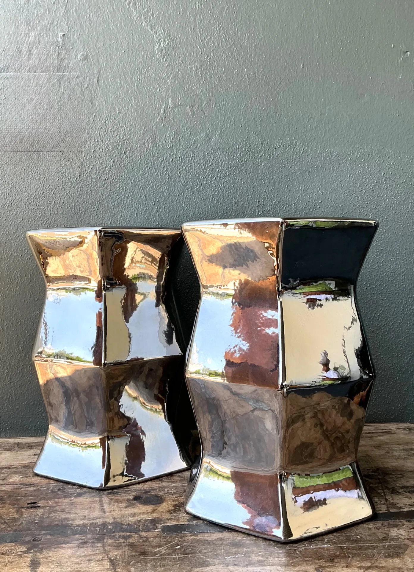 Vintage Faceted Metallic Glaze Low Stools - A Pair — additional photo 8