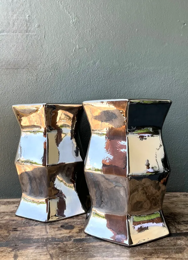 Vintage Faceted Metallic Glaze Low Stools - A Pair — additional photo 8