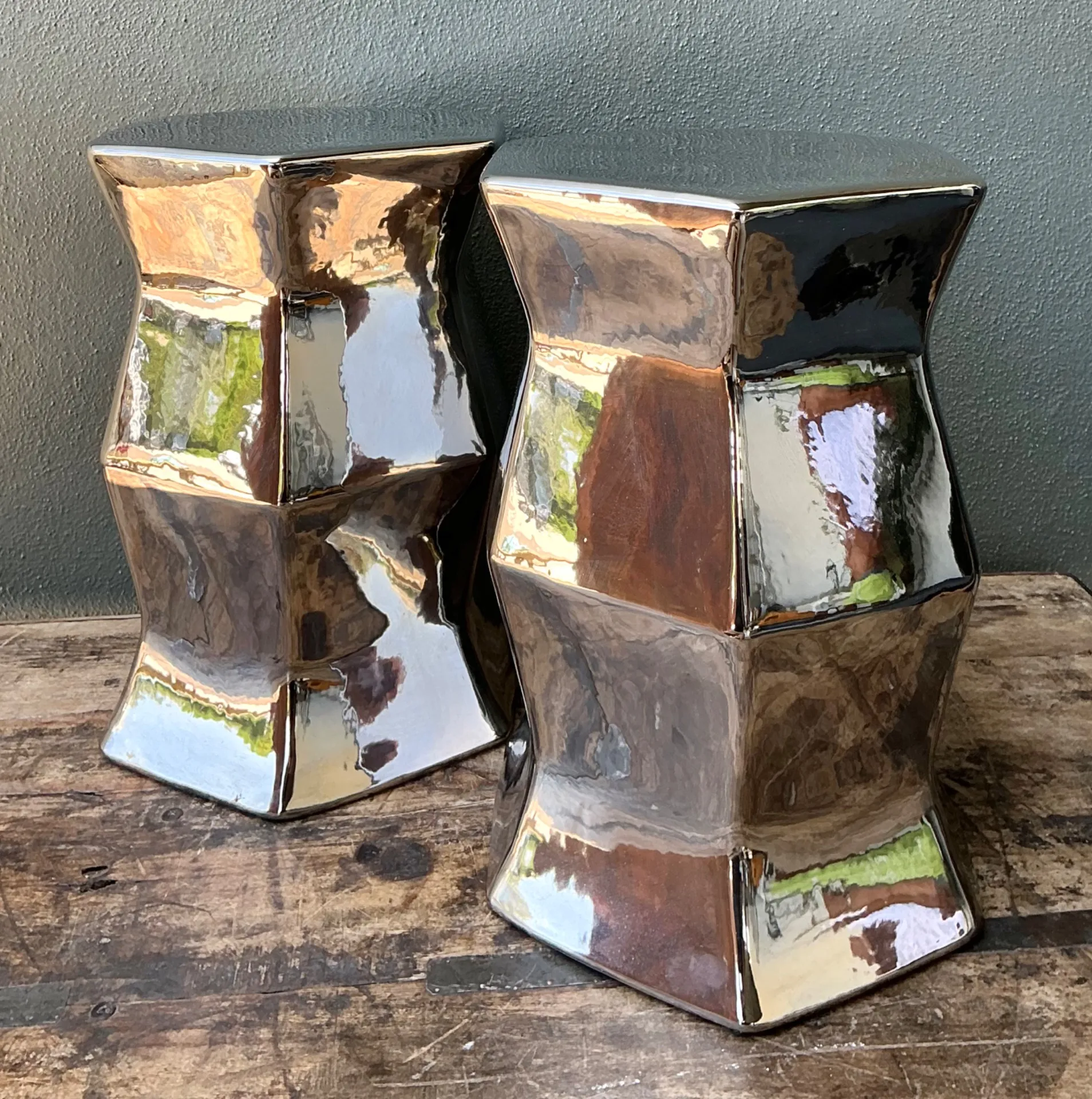 Vintage Faceted Metallic Glaze Low Stools - A Pair — additional photo 3