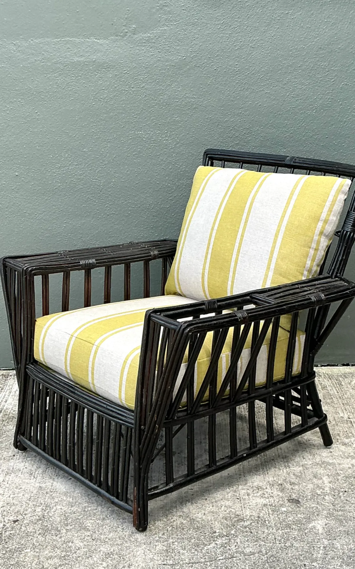 Vintage Stick Rattan Lounge Chair In Ralph Lauren Cabana Stripe