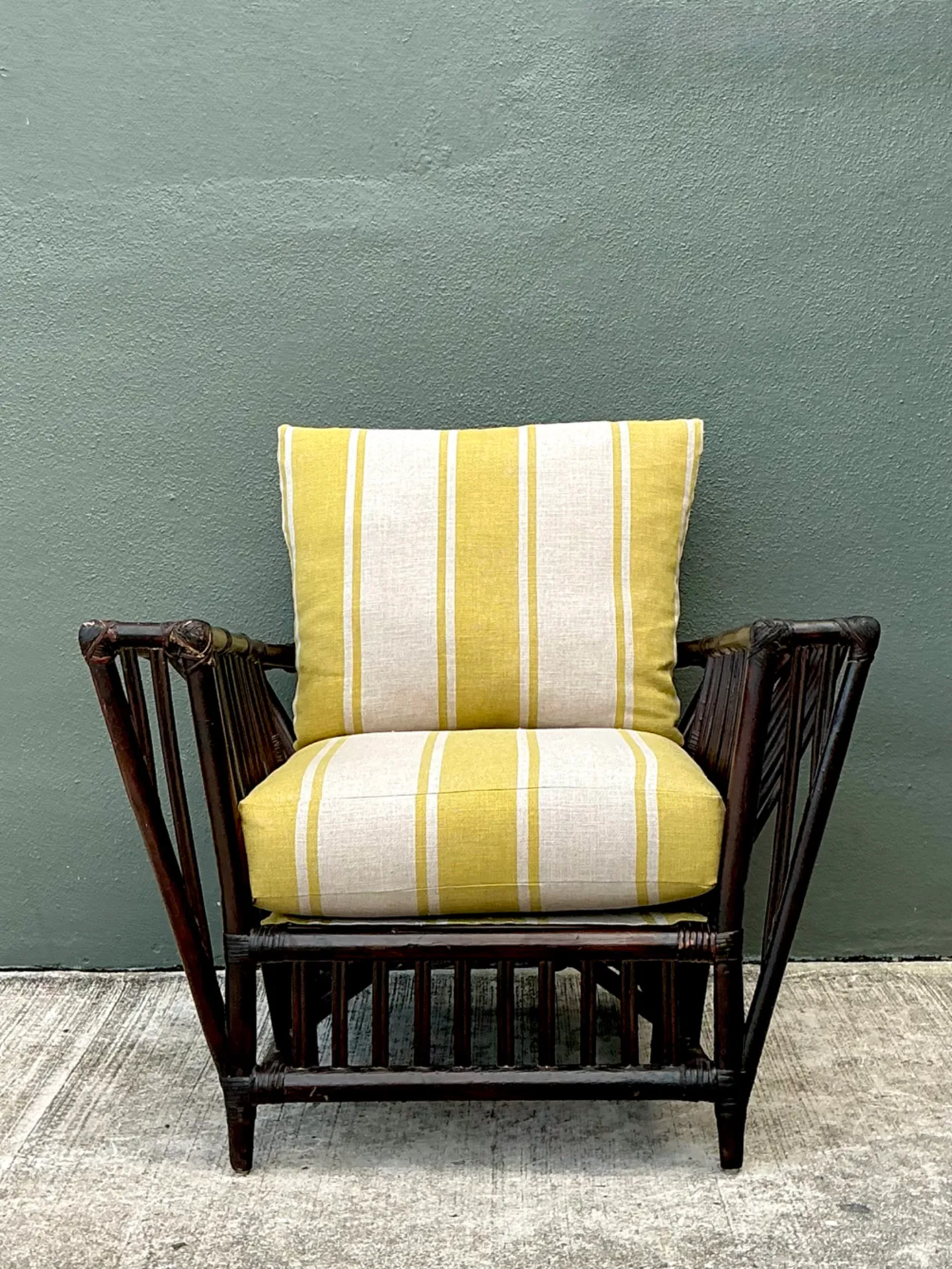 Vintage Stick Rattan Rattan Lounge Chair In Ralph Lauren Cabana Stripe — additional photo 6