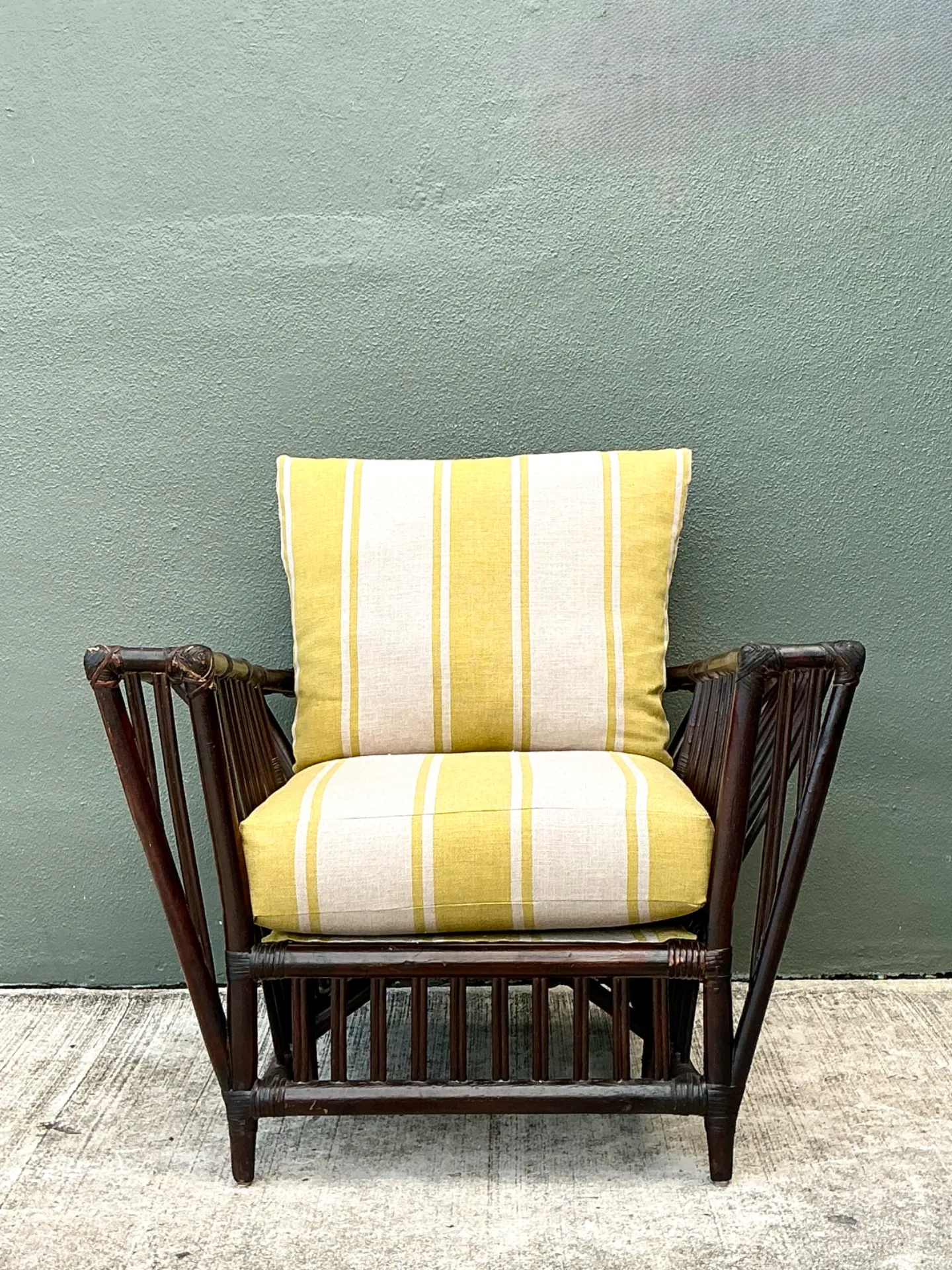Vintage Stick Rattan Rattan Lounge Chair In Ralph Lauren Cabana Stripe — additional photo 4
