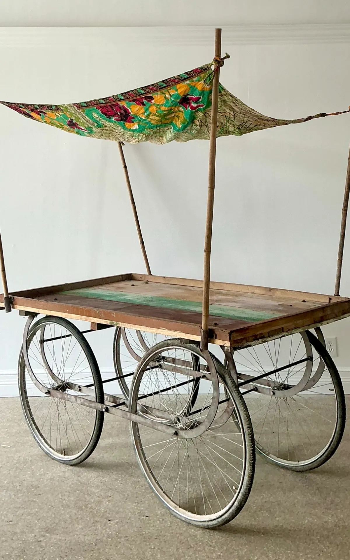 Vintage Wooden Market Cart with Fabric Canopy