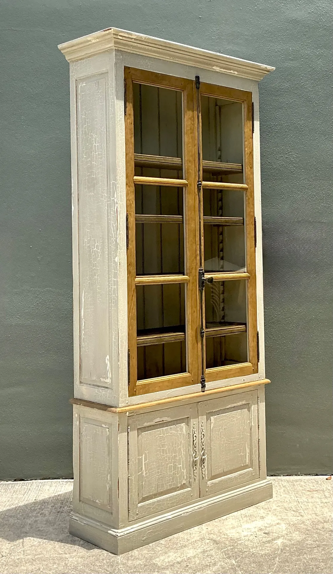 Vintage Distressed Wood and Glass Tall Cabinet — additional photo 2