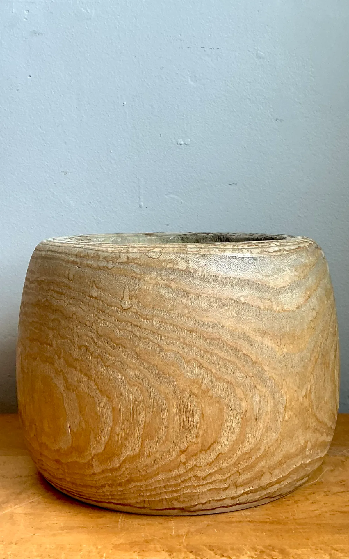 Vintage Wood Vessel Planter With Copper Insert