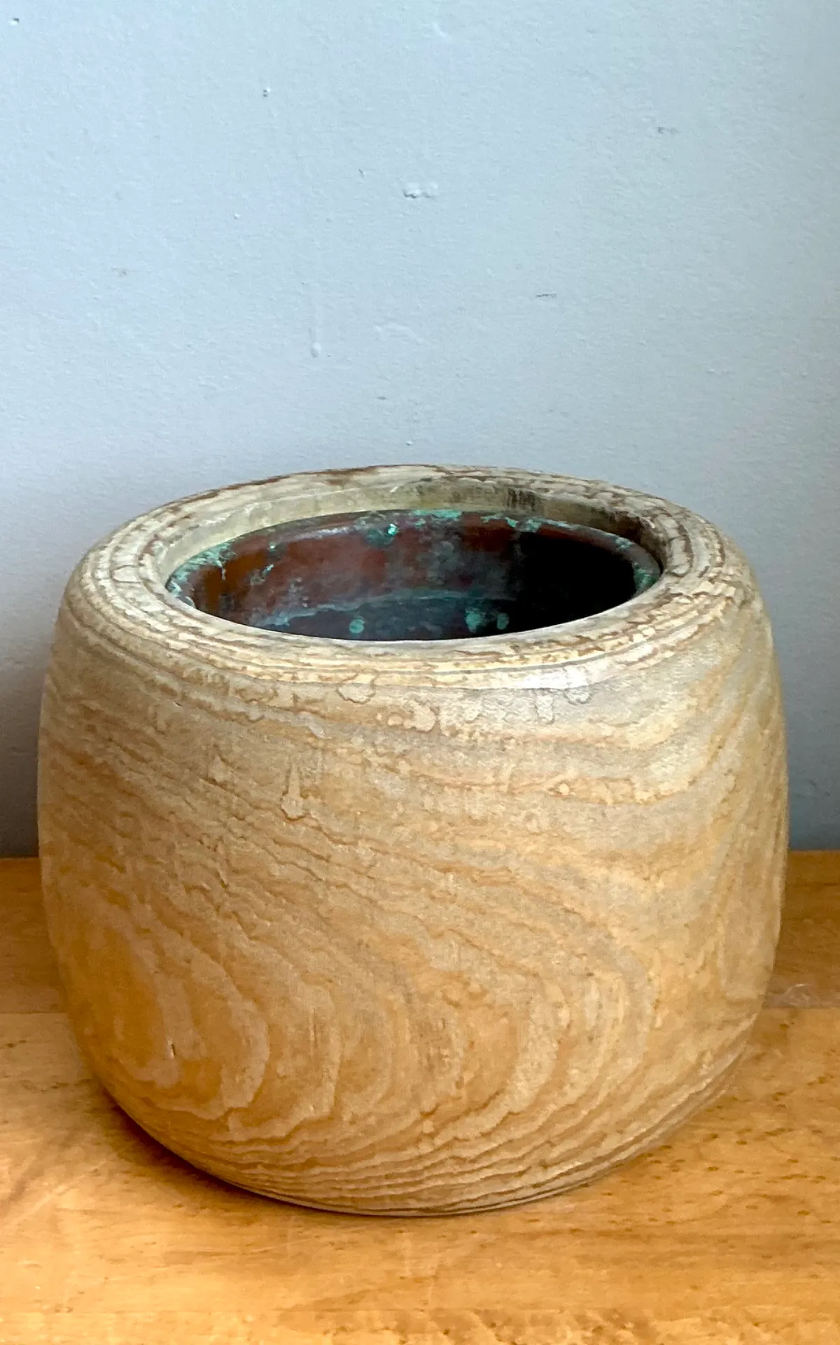 Vintage Wood Vessel Planter With Copper Insert — additional photo 5