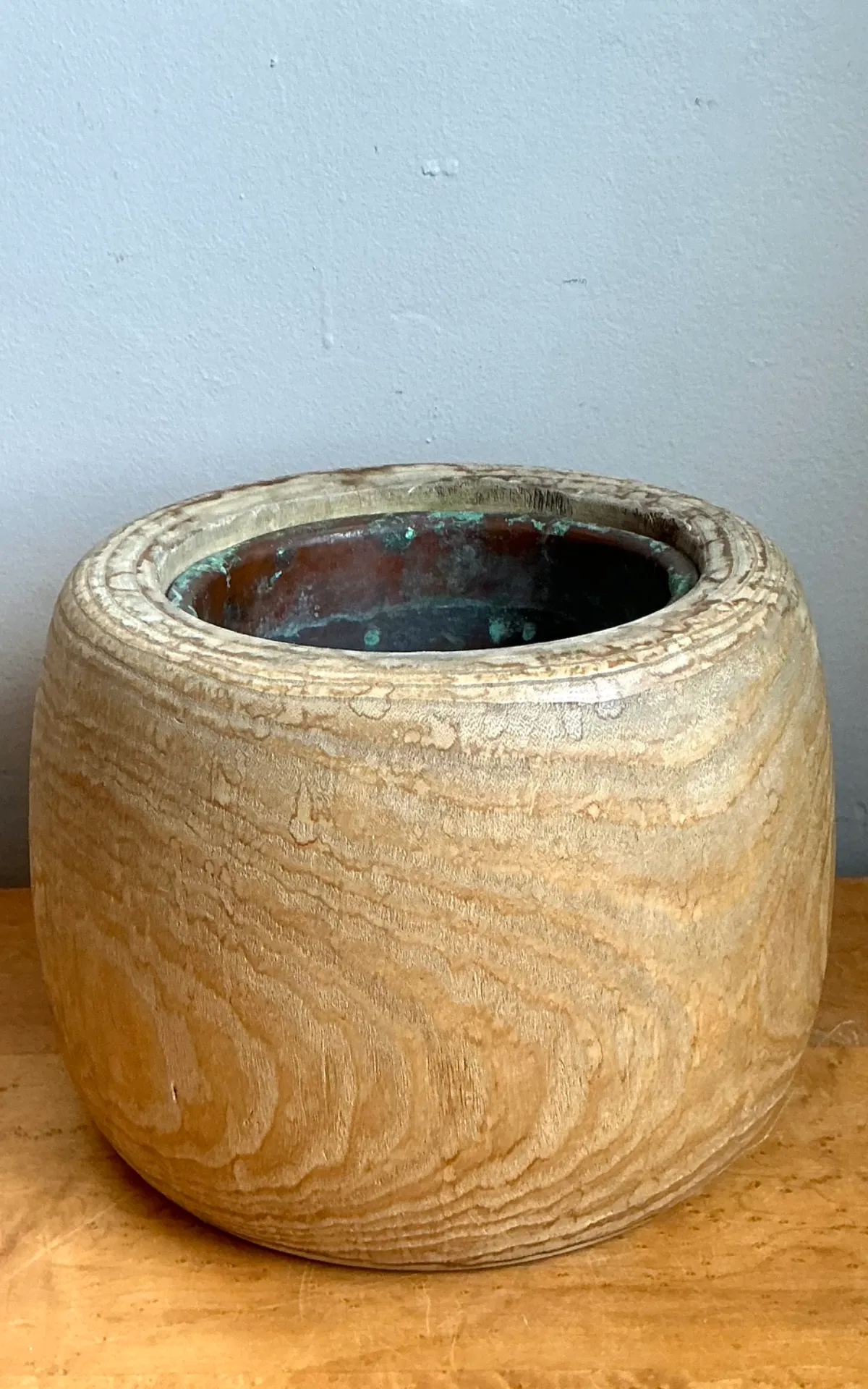 Vintage Wood Vessel Planter With Copper Insert — additional photo 6