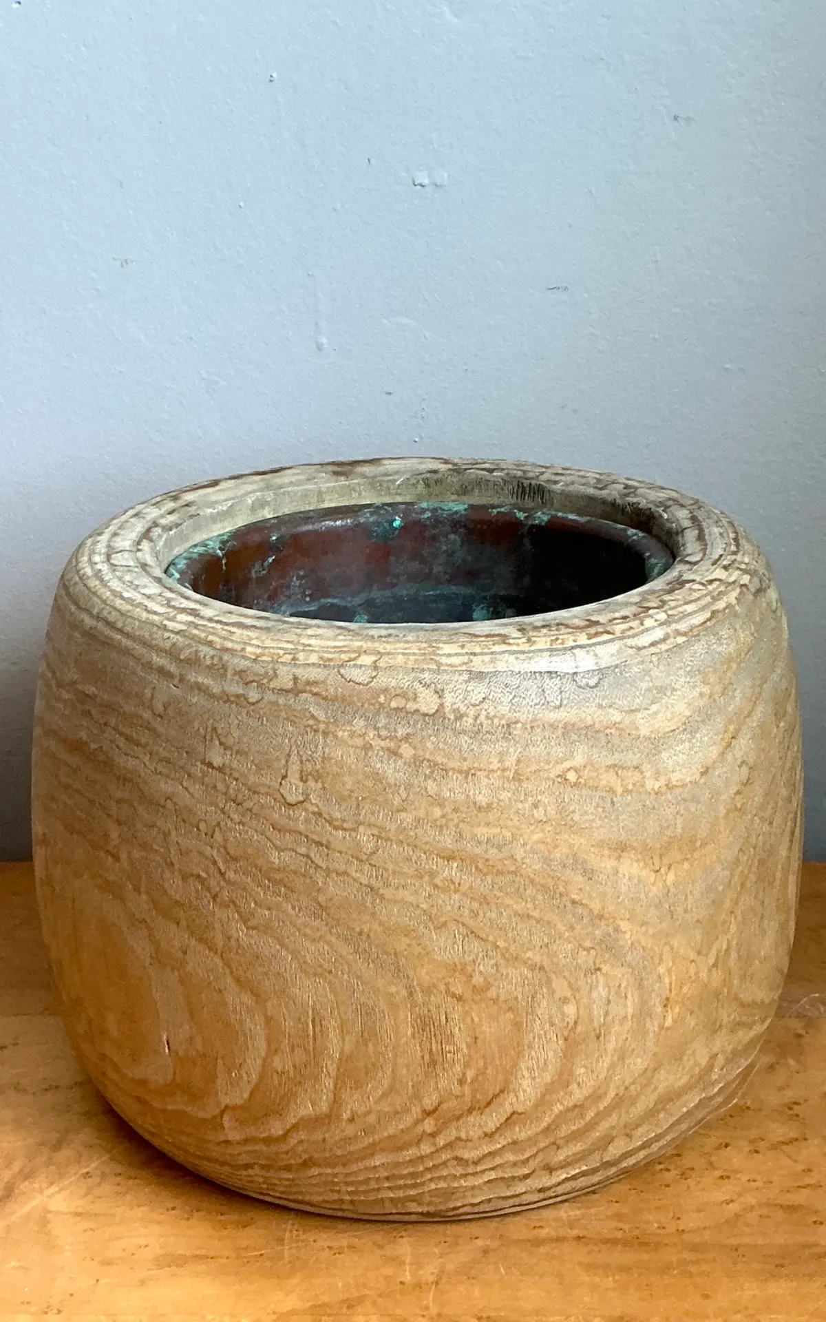 Vintage Wood Vessel Planter With Copper Insert — additional photo 2