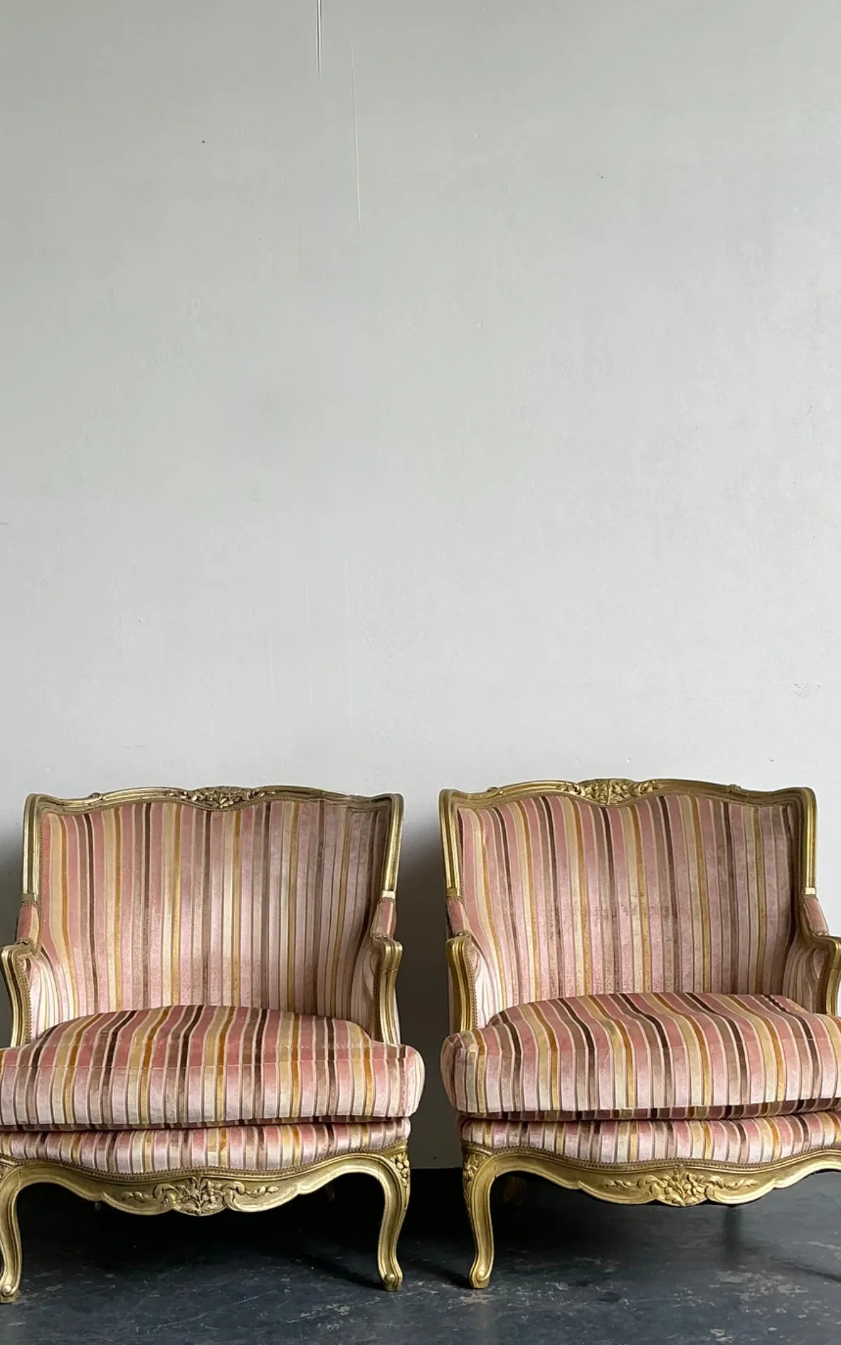 Vintage French Giltwood Striped Devore Bergère Chairs - A Pair — additional photo 6