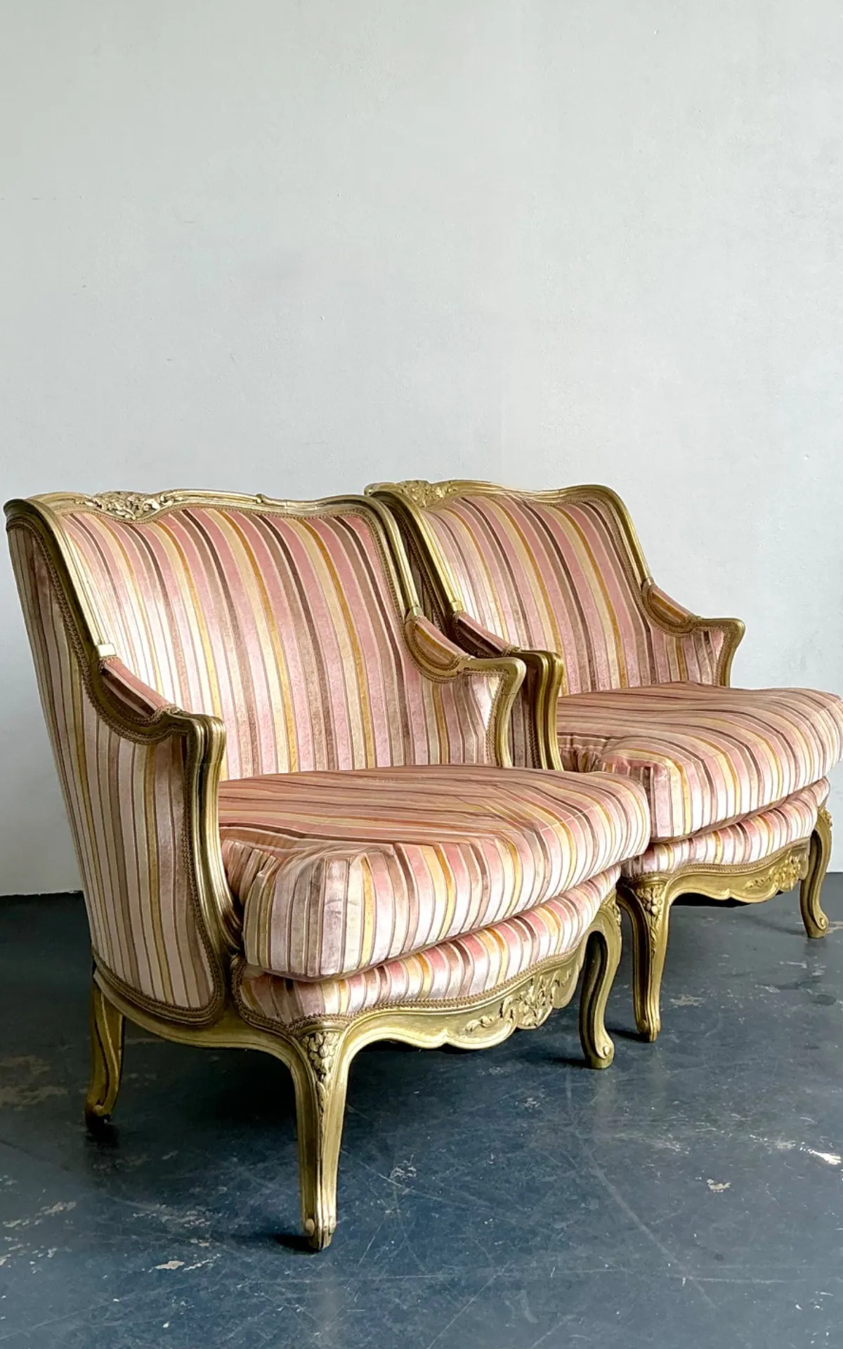 Vintage French Giltwood Striped Devore Bergère Chairs - A Pair — additional photo 3