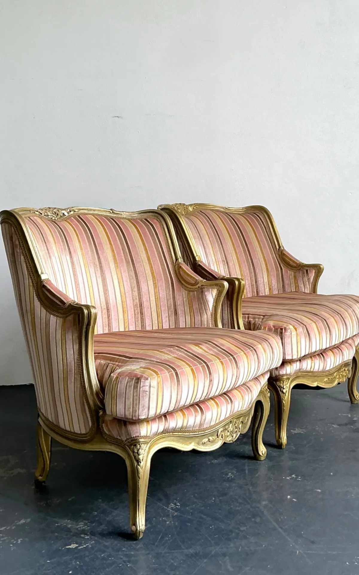 Vintage French Giltwood Striped Devore Bergère Chairs - A Pair — additional photo 2