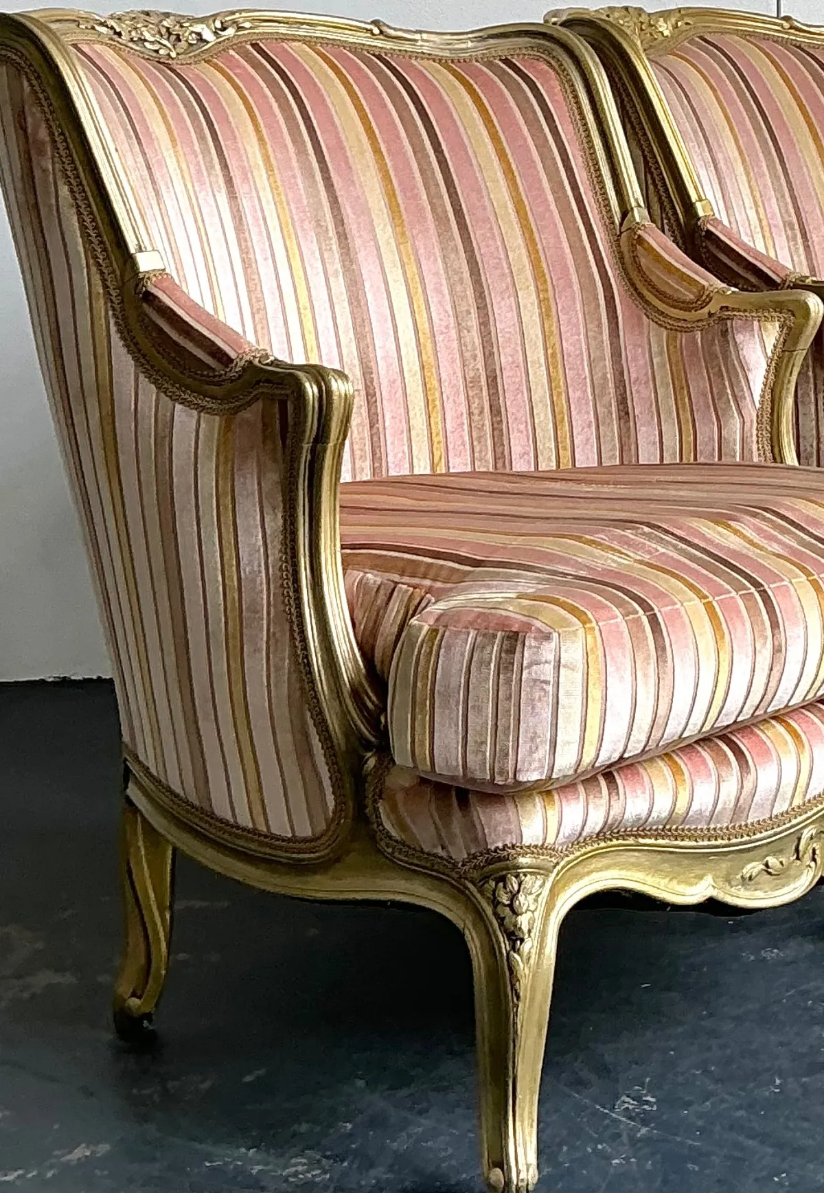 Vintage French Giltwood Striped Devore Bergère Chairs - A Pair — additional photo 7