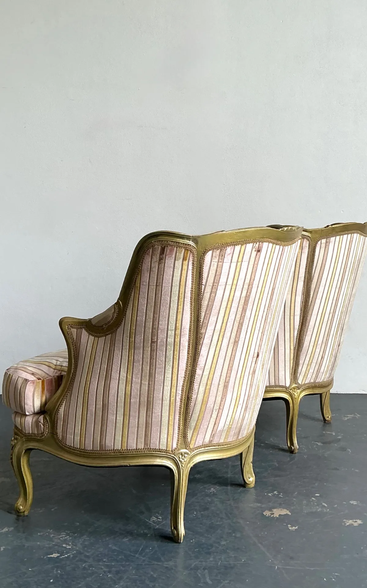Vintage French Giltwood Striped Devore Bergère Chairs - A Pair — additional photo 4