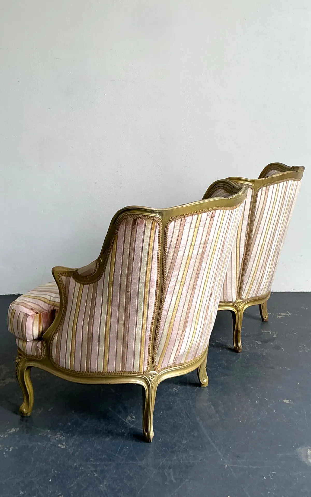 Vintage French Giltwood Striped Devore Bergère Chairs - A Pair