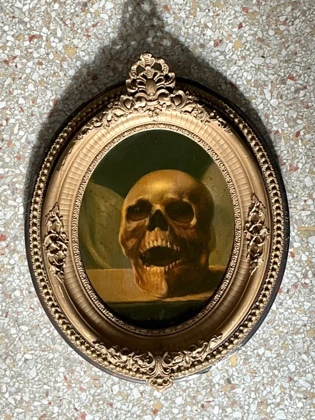 Vintage Skull Oil Painting in Ornate Frame — additional photo 1