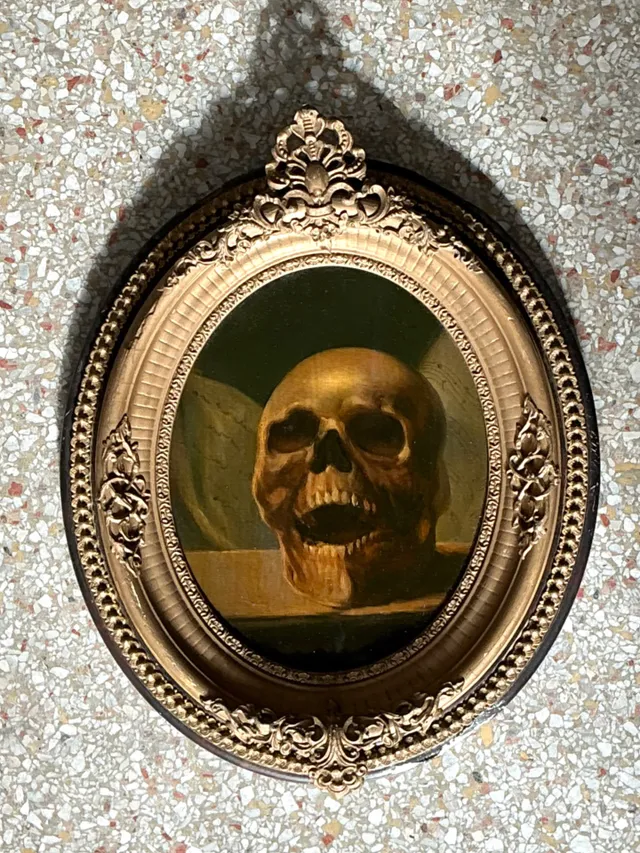 Vintage Skull Oil Painting in Ornate Frame — additional photo 3
